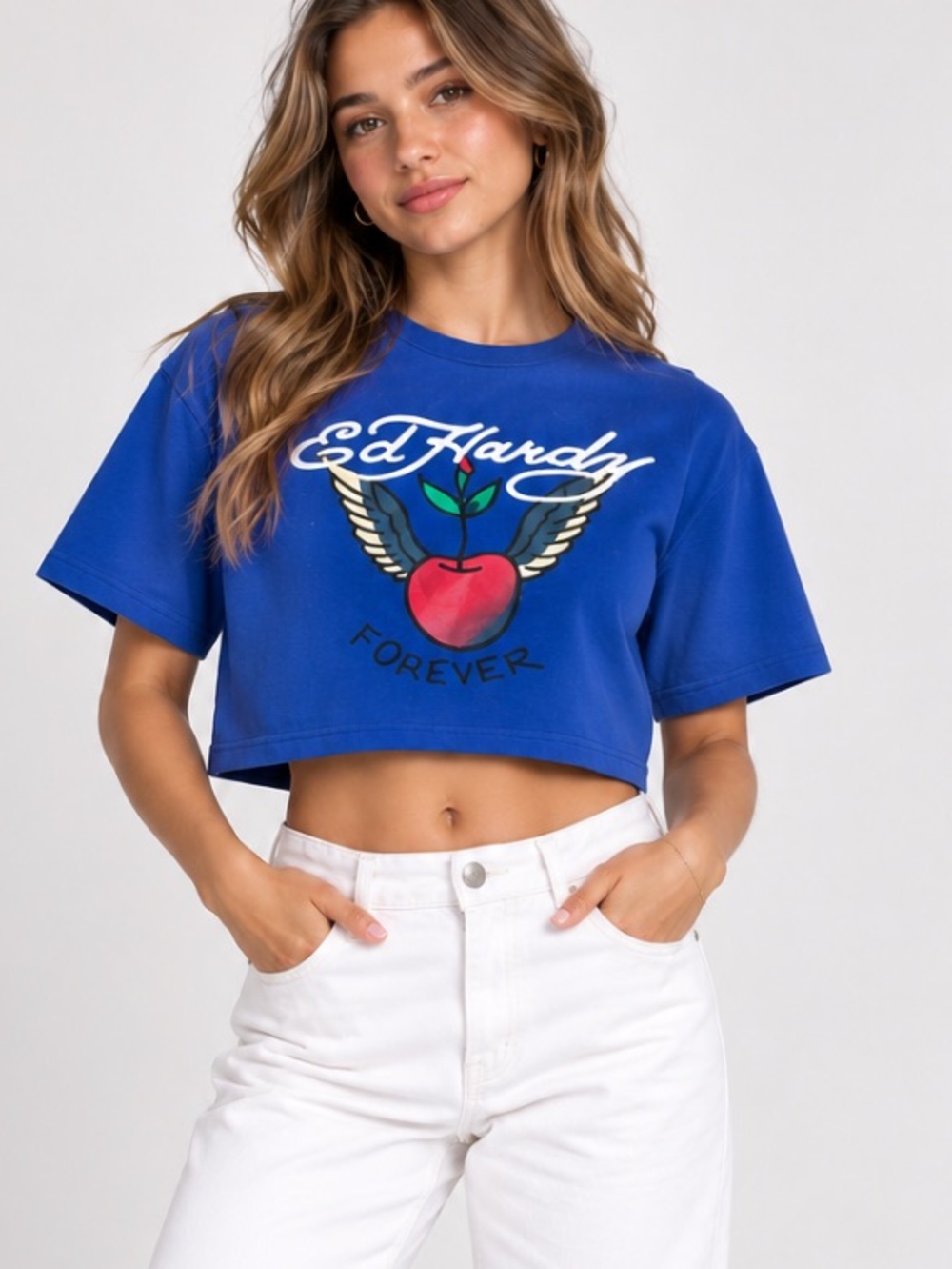 Ed Hardy Cropped Baby Tee Blue with Winged Cherry Y2K Size XL